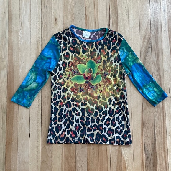 Luna. T Tops - Y2K Luna. T Floral Animal Print Mesh Top - Made in USA - Sz S